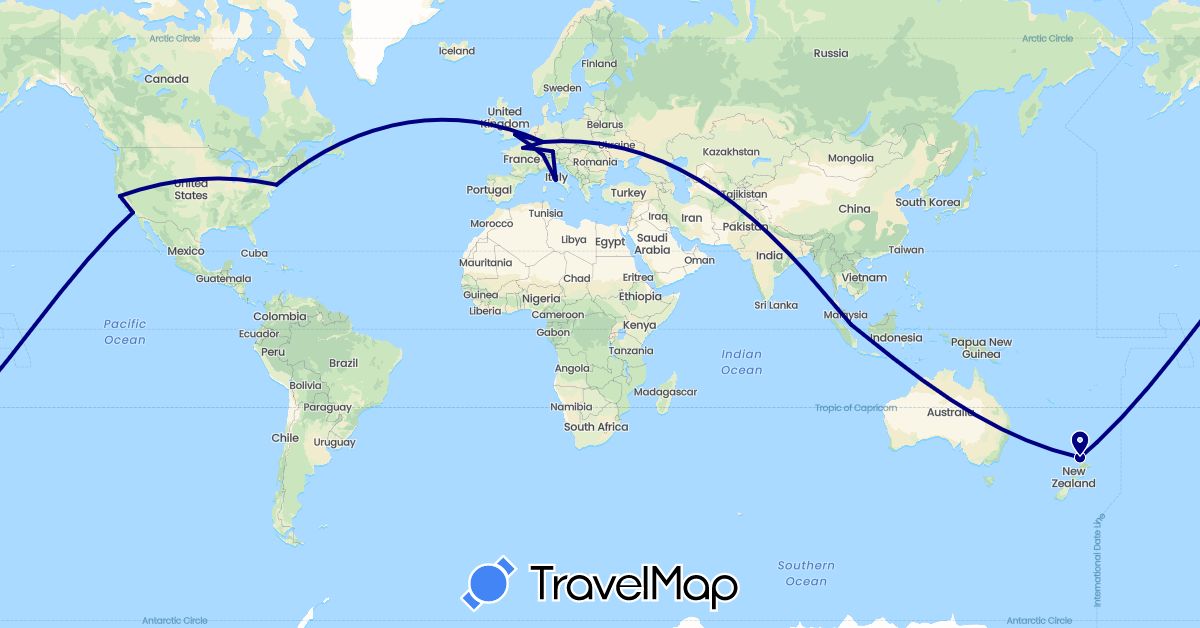 TravelMap itinerary: driving in Switzerland, Germany, France, United Kingdom, Italy, New Zealand, Singapore, United States (Asia, Europe, North America, Oceania)